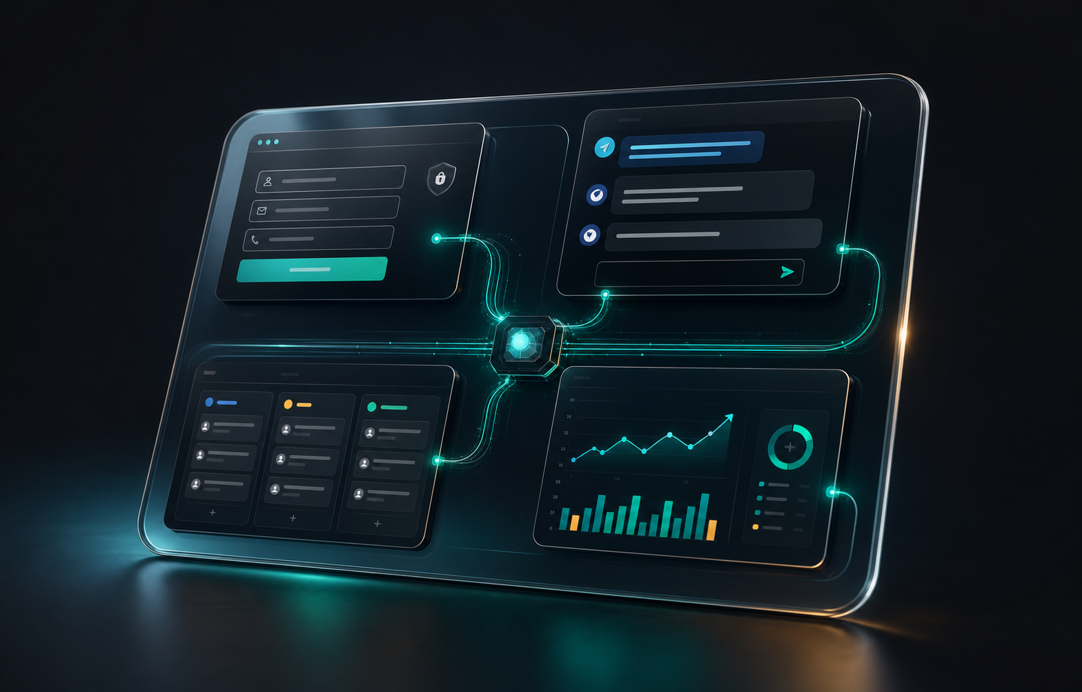 Премиальная визуализация системы CRUX: форма заявки, бот, CRM и аналитика соединены в единый процесс
